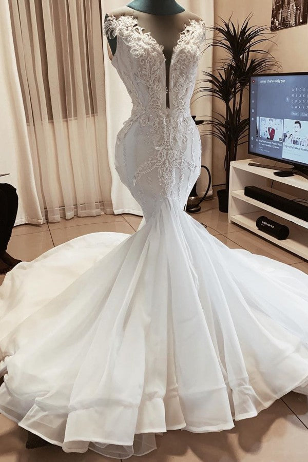 Sleeveless Beads Appliques Mermaid Wedding Dresses Sheer Tulle V-Neck Tulle Bridal Gowns