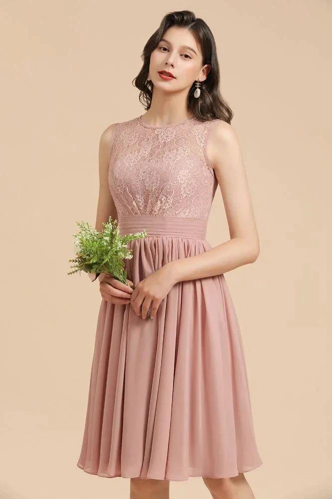 Sleeveless Crew neck Lace Chiffon Party Dress Mini Bridesmaid Dress (ZD13097)