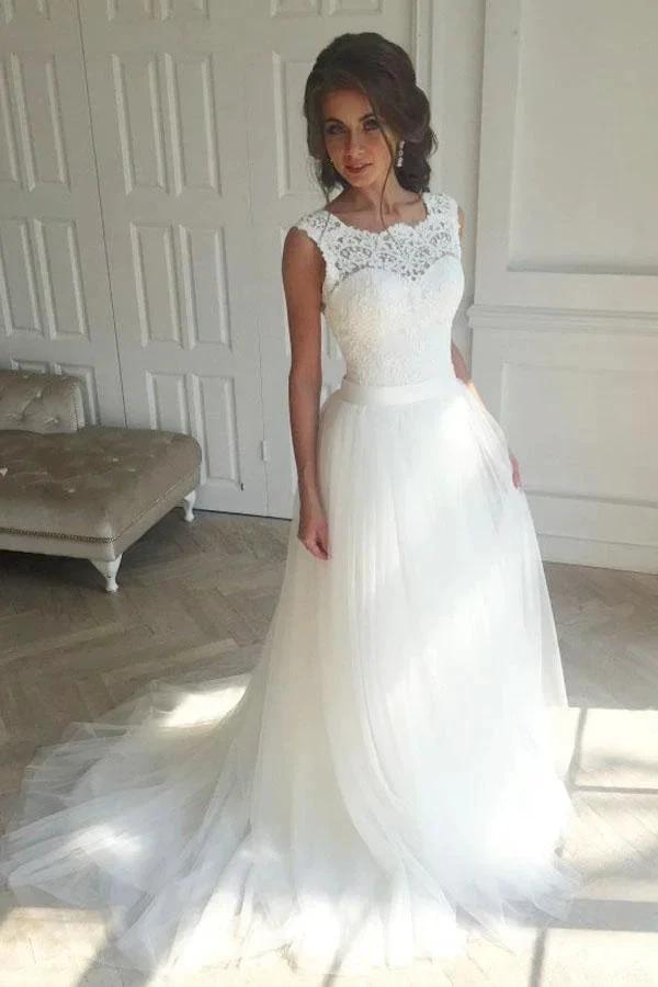 Sleeveless Lace White A-Line Sweep Train Wedding Dress (ZD16348)