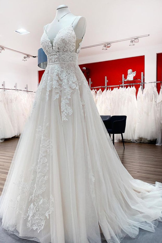 Sleeveless Tulle V Neck Ruffles Wedding Dresses With Lace (ZD17537)