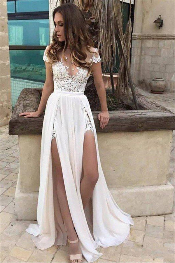 Sleeveless V-Neck Lace Chiffon A-Line Floor-Length Wedding Dresses