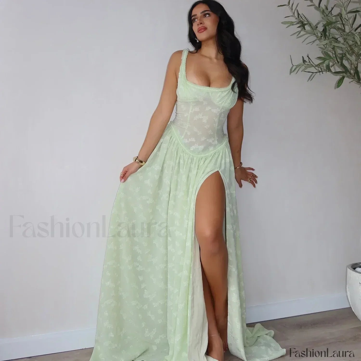 Slit Embroidered Mesh Maxi Dress