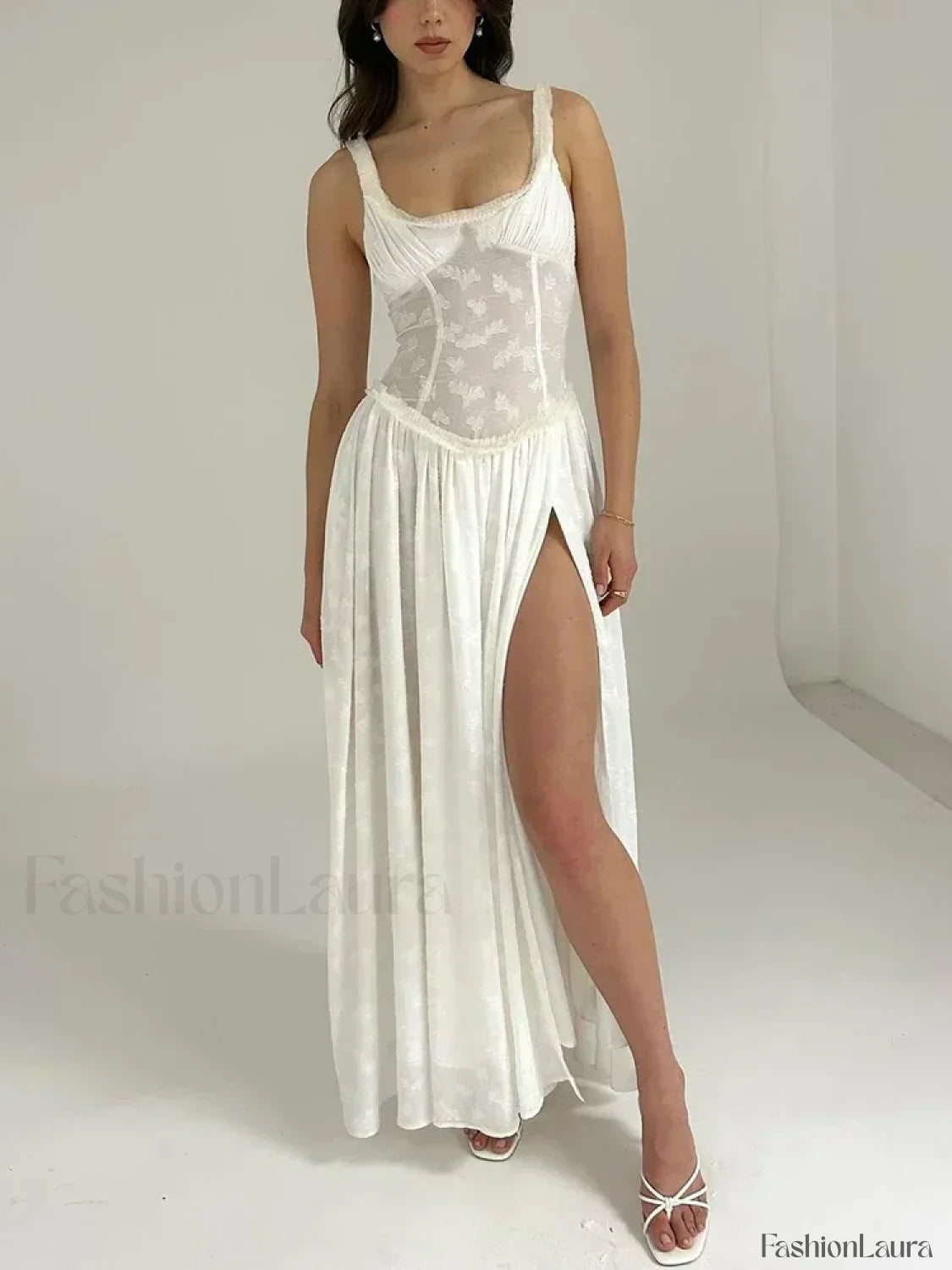 Slit Embroidered Mesh Maxi Dress