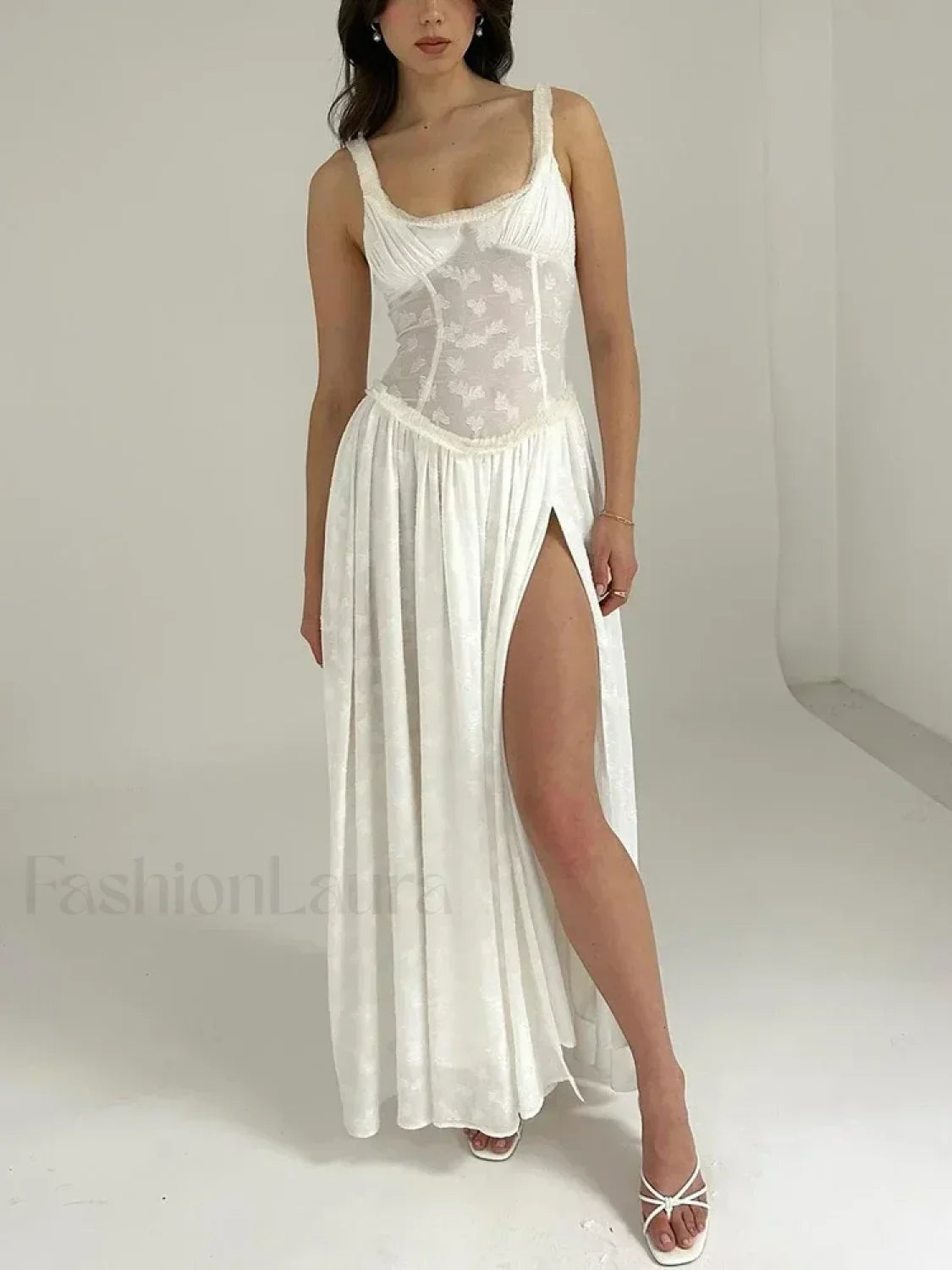 Slit Embroidered Mesh Maxi Dress