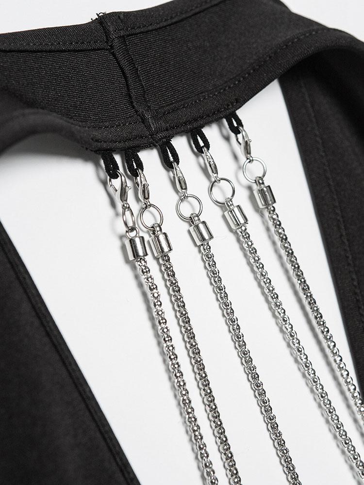 Solid V neck Chain Sleeveless Tight Dress