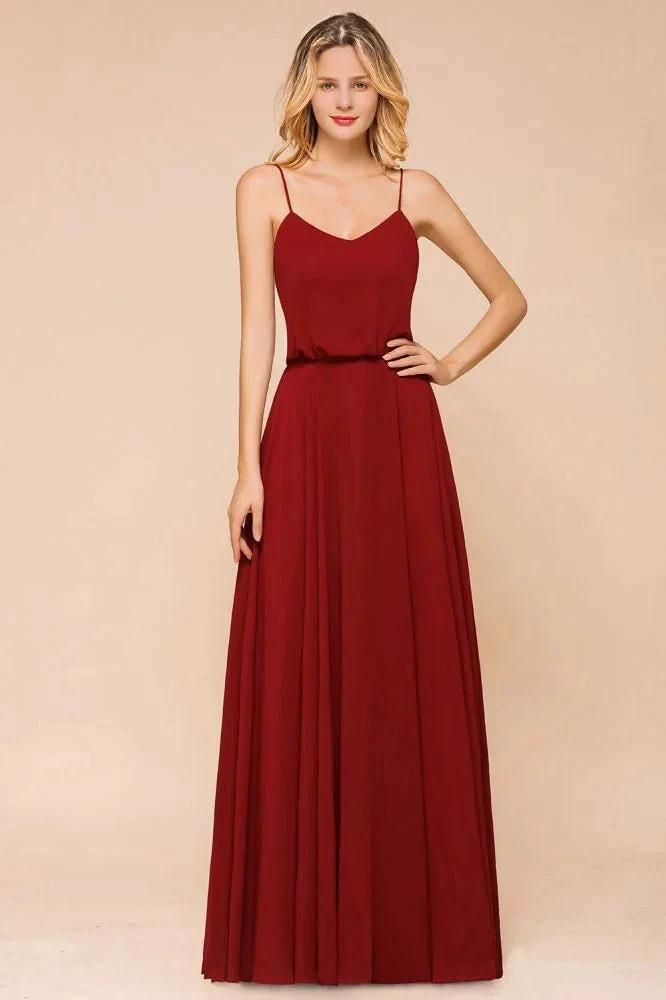 Spaghetti Chiffon Bridesmaid Dress Backless Burgundy Floor-Length Beach Wedding Dress (ZD12956)