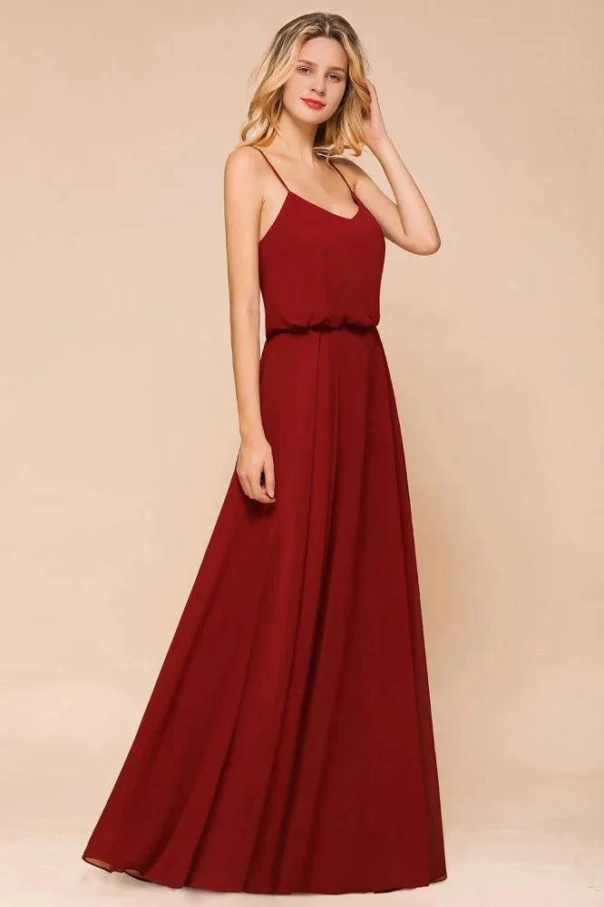 Spaghetti Chiffon Bridesmaid Dress Backless Burgundy Floor-Length Beach Wedding Dress (ZD12956)