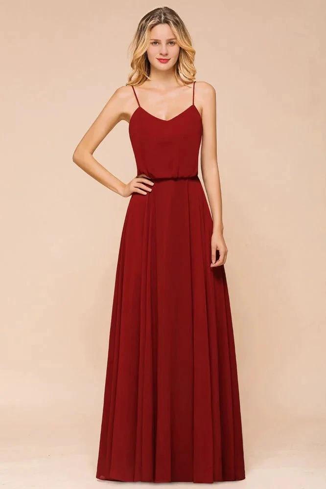 Spaghetti Chiffon Bridesmaid Dress Backless Burgundy Floor-Length Beach Wedding Dress by misshow.com