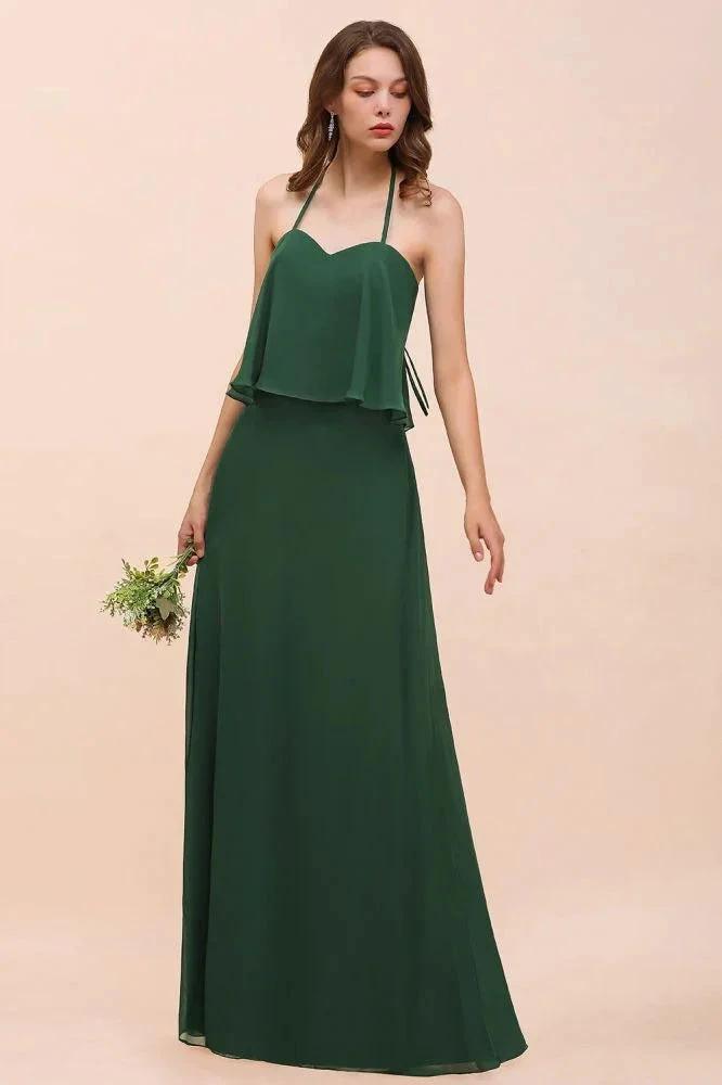 Spaghetti Chiffon Bridesmaid Dress Dark Green Maid of Honor Dress Floor Length (ZD12964)