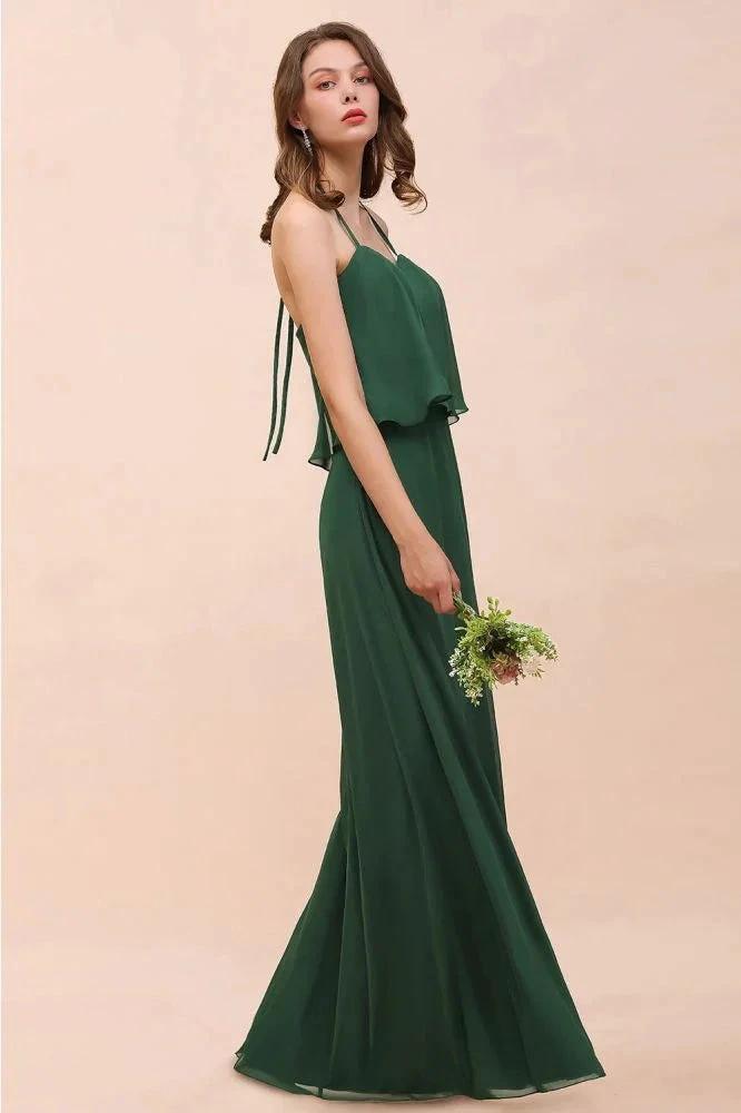Spaghetti Chiffon Bridesmaid Dress Dark Green Maid of Honor Dress Floor Length (ZD12964)