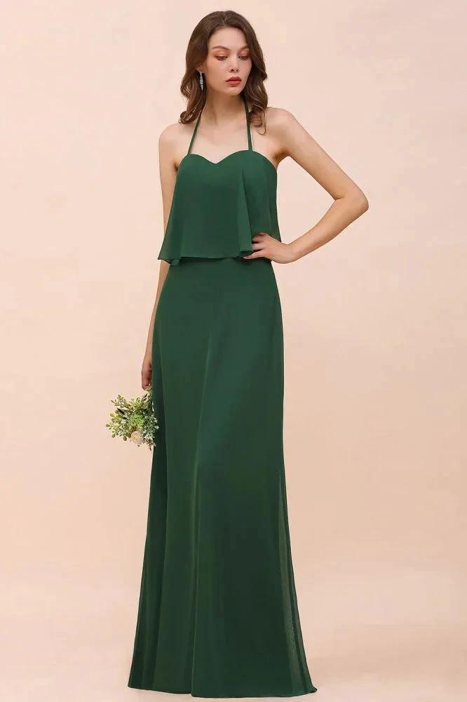 Spaghetti Chiffon Bridesmaid Dress Dark Green Maid of Honor Dress Floor Length by misshow.com