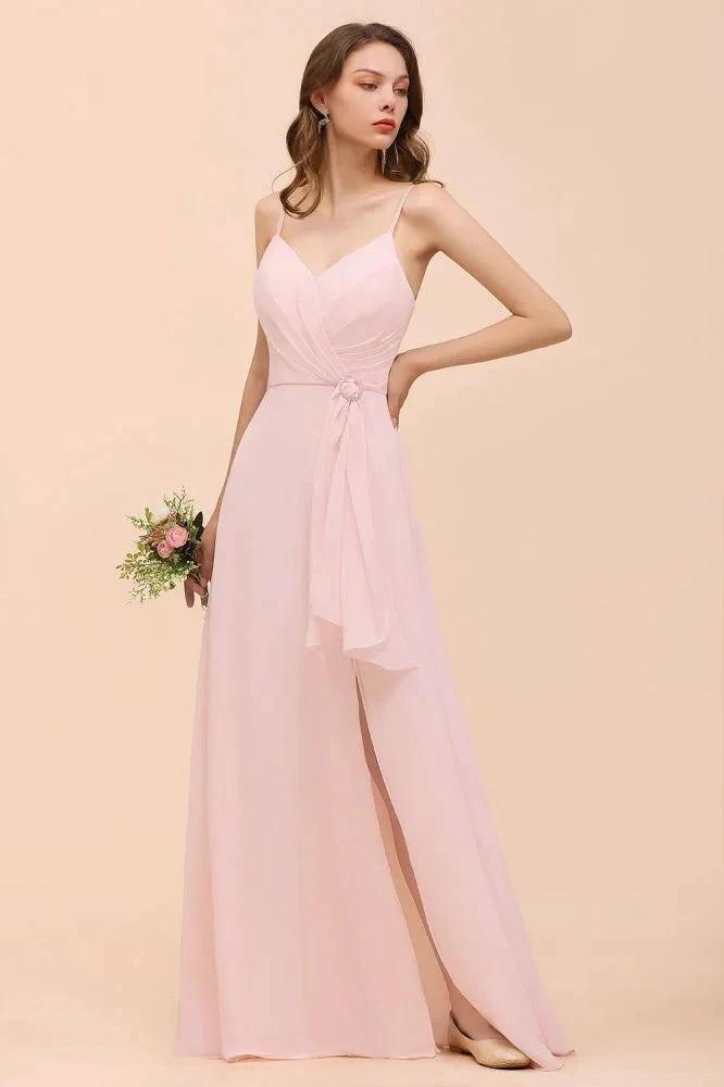 Spaghetti Side Split Pink Bridesmaid Dress Beach Simple Wedding Dress (ZD12989)