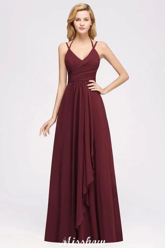 Spaghetti Sleeveless Ruffles A-line Chiffon Bridesmaid Dresses Straps Evening Maxi Dress (ZD12883)