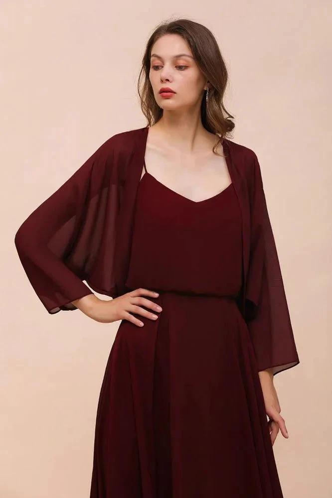 Spaghetti Sraps Burgundy Bridesmaid Dress with Wraps Floor Length Wedding Guest Dres by misshow.com