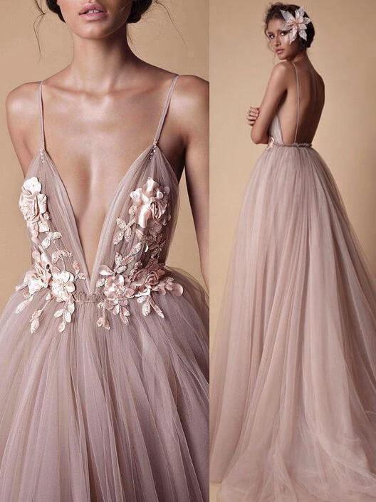 Spaghetti Strap Deep V Neck Beach Wedding Dresses With Applique (ZD16303)