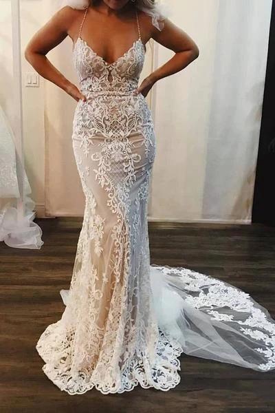 Spaghetti Strap Pretty Mermaid Lace Applique Long Train Elegant Wedding Dresses (ZD16578)