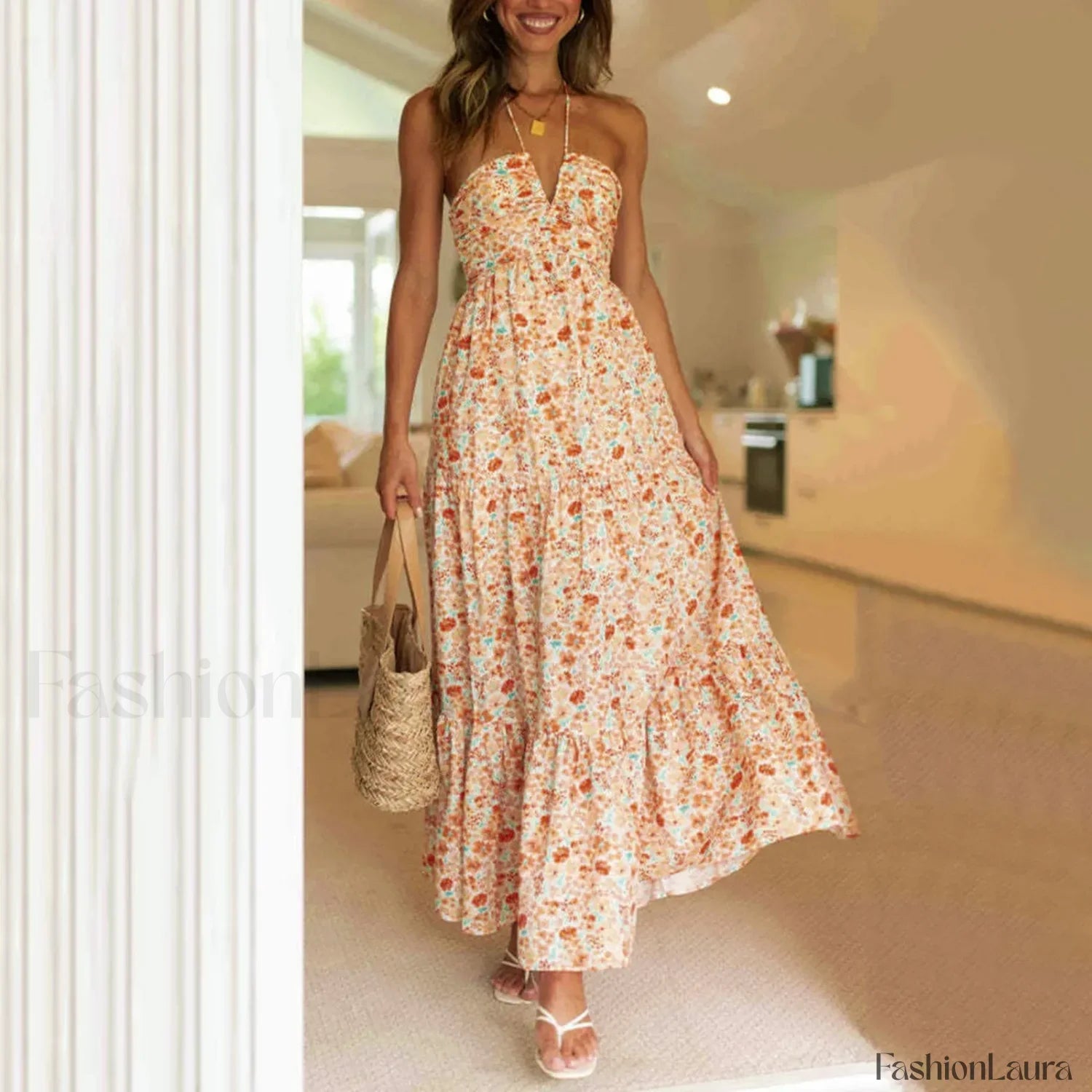 Spaghetti Strap V-neck Floral Dress