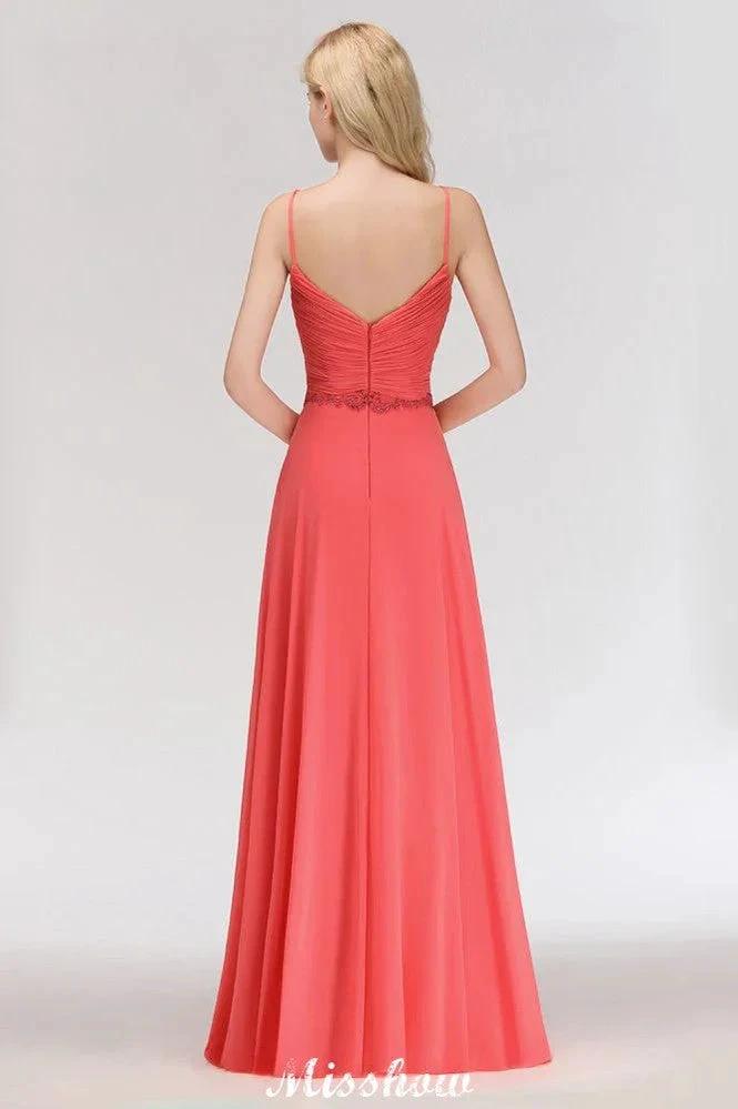 Spaghetti Straps Chiffon Aline Evening Maxi Gown Sleeveless Beading Bridesmaid Dress (ZD12933)
