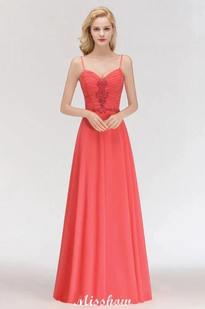 Spaghetti Straps Chiffon Aline Evening Maxi Gown Sleeveless Beading Bridesmaid Dress (ZD12933)