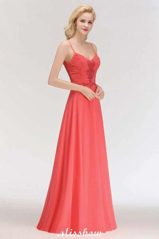 Spaghetti Straps Chiffon Aline Evening Maxi Gown Sleeveless Beading Bridesmaid Dress (ZD12933)