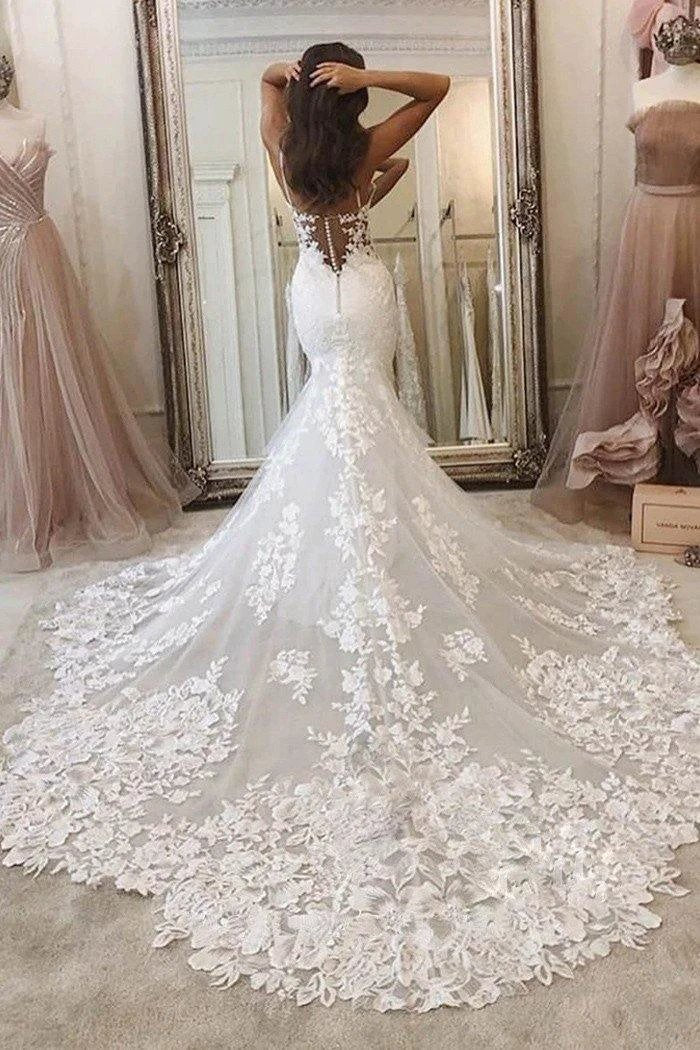 Spaghetti Straps Deep V Neck Mermaid Sweep Train Wedding Dress (ZD16334)