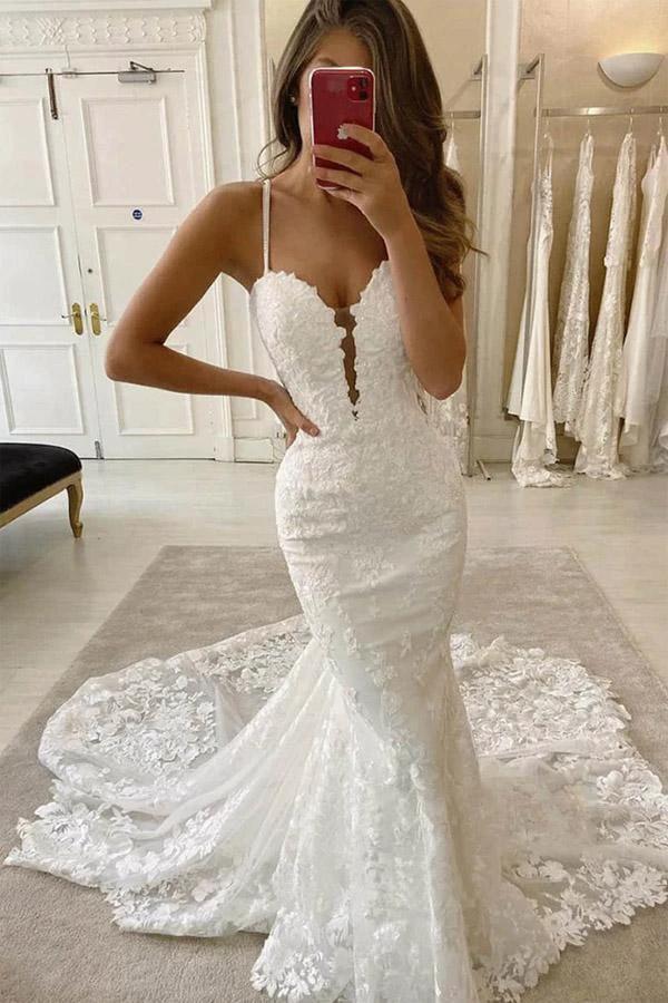 Spaghetti Straps Deep V Neck Mermaid Sweep Train Wedding Dress (ZD16334)