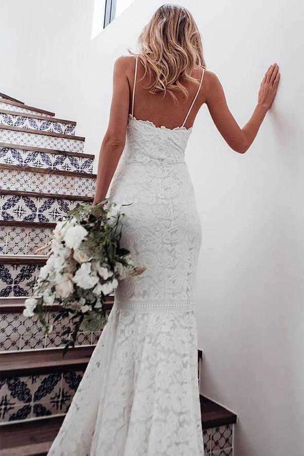 Spaghetti Straps Mermaid All Over Lace Ivory Wedding Dress (ZD16265)