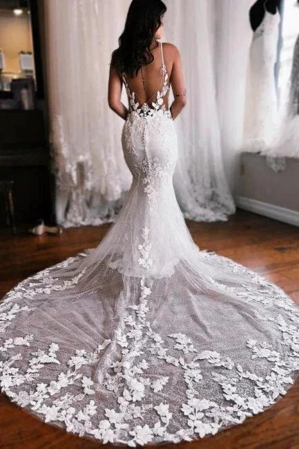 Spaghetti Straps Mermaid Floor Length Lace Wedding Dress with Chapel Train (ZD14890)