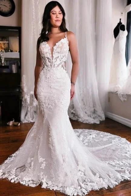Spaghetti Straps Mermaid Floor Length Lace Wedding Dress with Chapel Train (ZD14890)