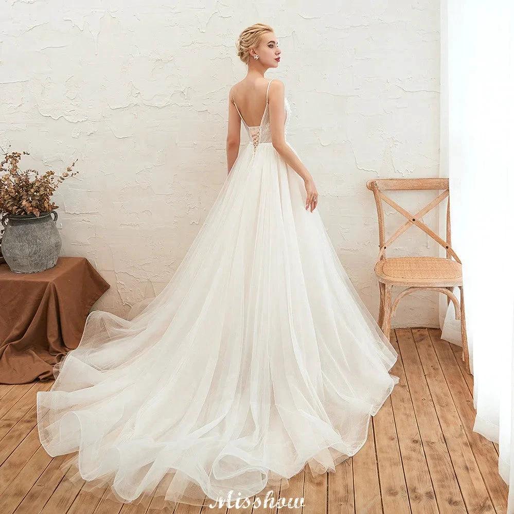 Spaghetti Straps Plunging V-Neck Wedding Dress Low Back Champagne Bridal Gown (ZD13981)