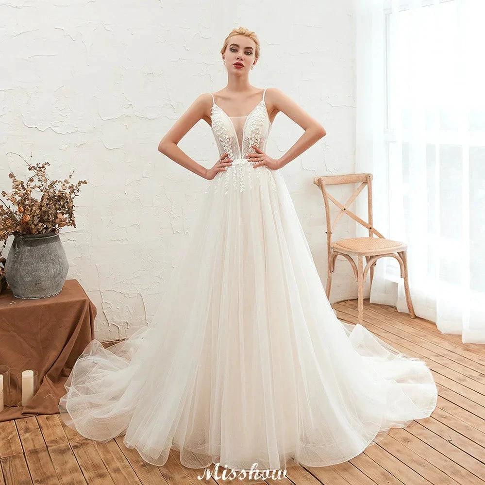 Spaghetti Straps Plunging V-Neck Wedding Dress Low Back Champagne Bridal Gown (ZD13981)