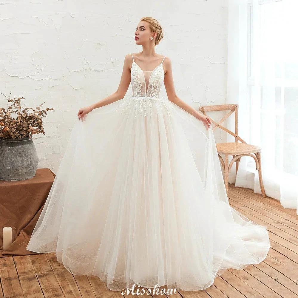 Spaghetti Straps Plunging V-Neck Wedding Dress Low Back Champagne Bridal Gown (ZD13981)