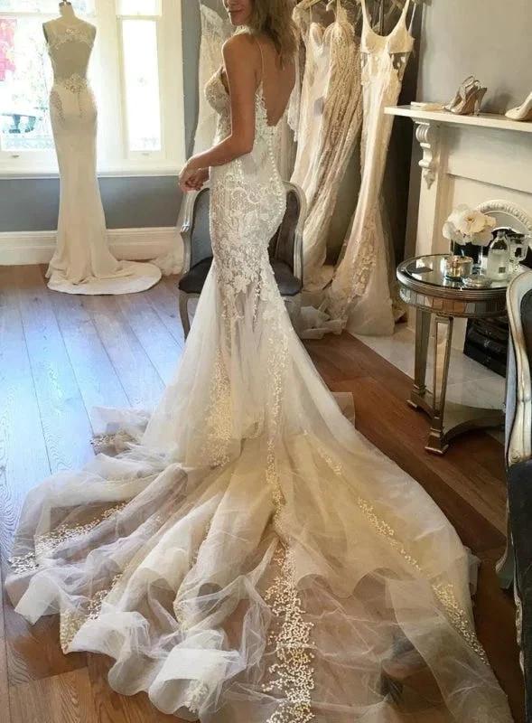Spaghetti Straps Pretty Mermaid Appliqued V-neck Tulle Elegant Wedding Dresses (ZD14724)