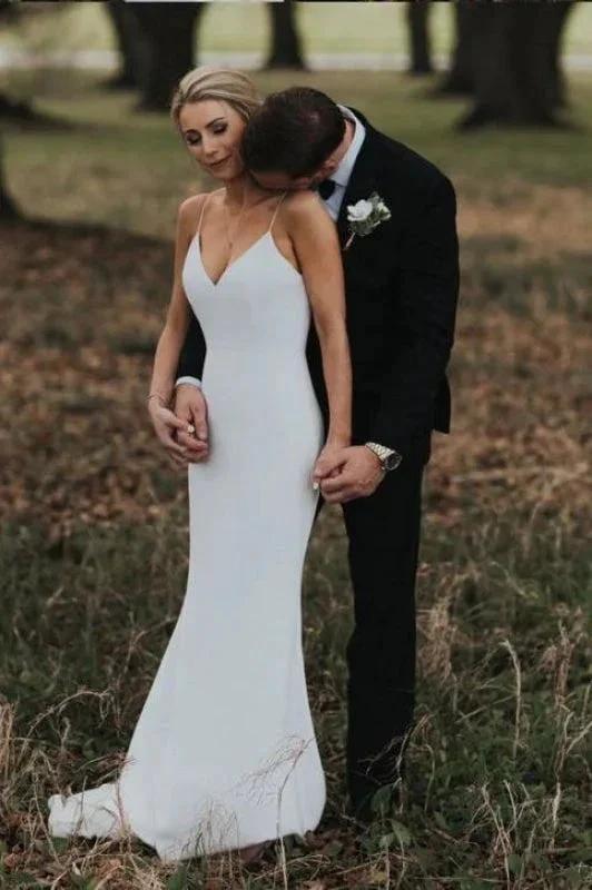 Spaghetti Straps Pretty Mermaid Backless V-Neck Beach Simple Boho Elegant Wedding Dresses (ZD14721)