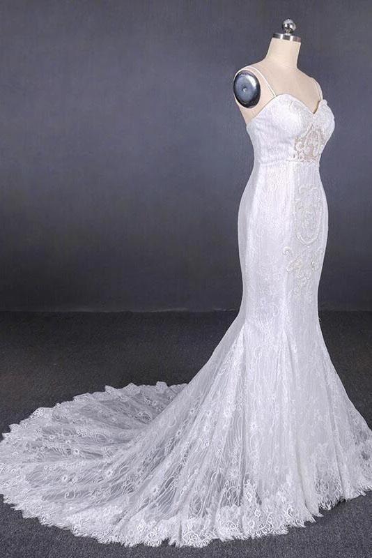 Spaghetti Straps Pretty Mermaid with Appliques Lace Beach Elegant Wedding Dresses (ZD14715)