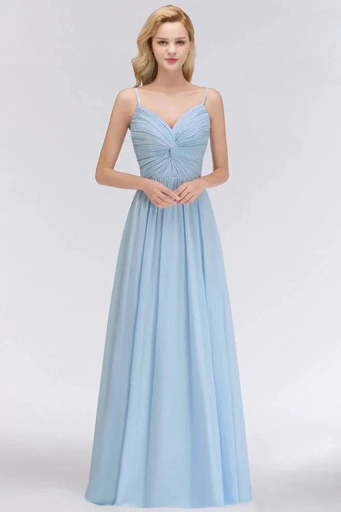 Spaghetti Straps Ruggle Chiffon Bridesmaid Dress Sky Blue A-line Wedding Party Dress (ZD13092)