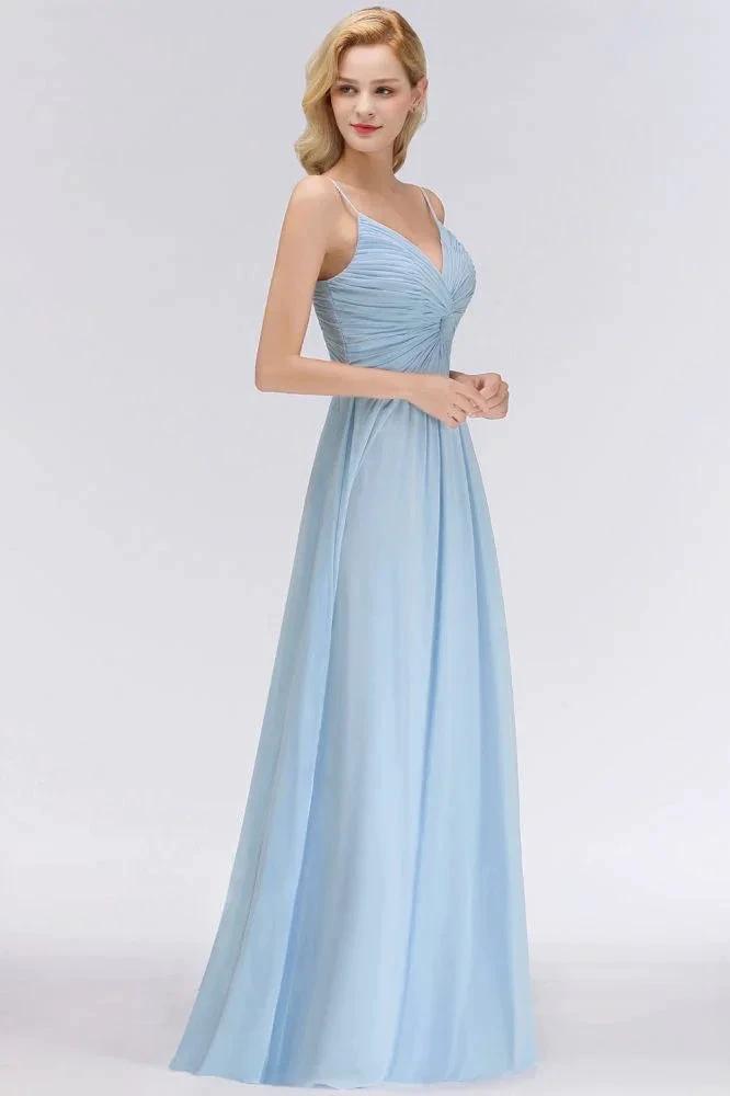 Spaghetti Straps Ruggle Chiffon Bridesmaid Dress Sky Blue A-line Wedding Party Dress (ZD13092)