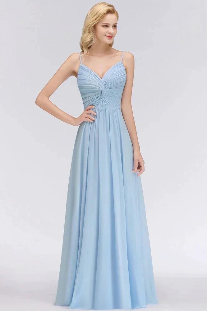 Spaghetti Straps Ruggle Chiffon Bridesmaid Dress Sky Blue A-line Wedding Party Dress (ZD13092)