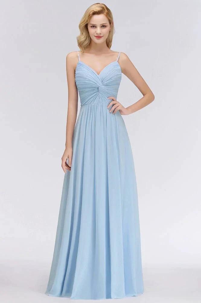 Spaghetti Straps Ruggle Chiffon Bridesmaid Dress Sky Blue A-line Wedding Party Dress by misshow.com