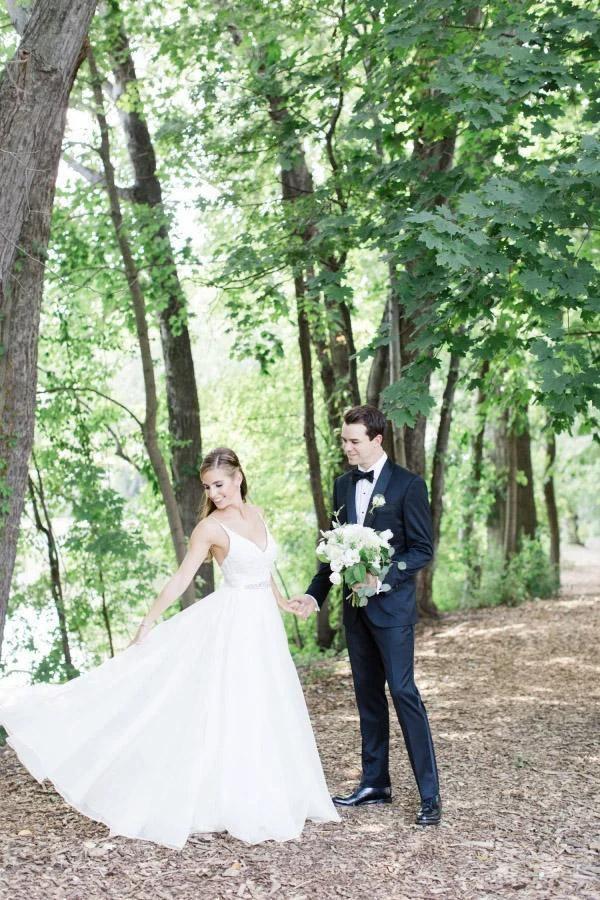 Spaghetti Straps V-neck A-line Wedding Dress with Crystals Belt (ZD16258)