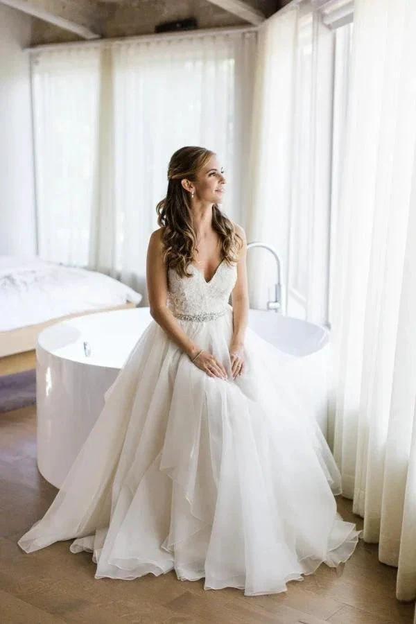 Spaghetti Straps V-neck A-line Wedding Dress with Crystals Belt (ZD16258)