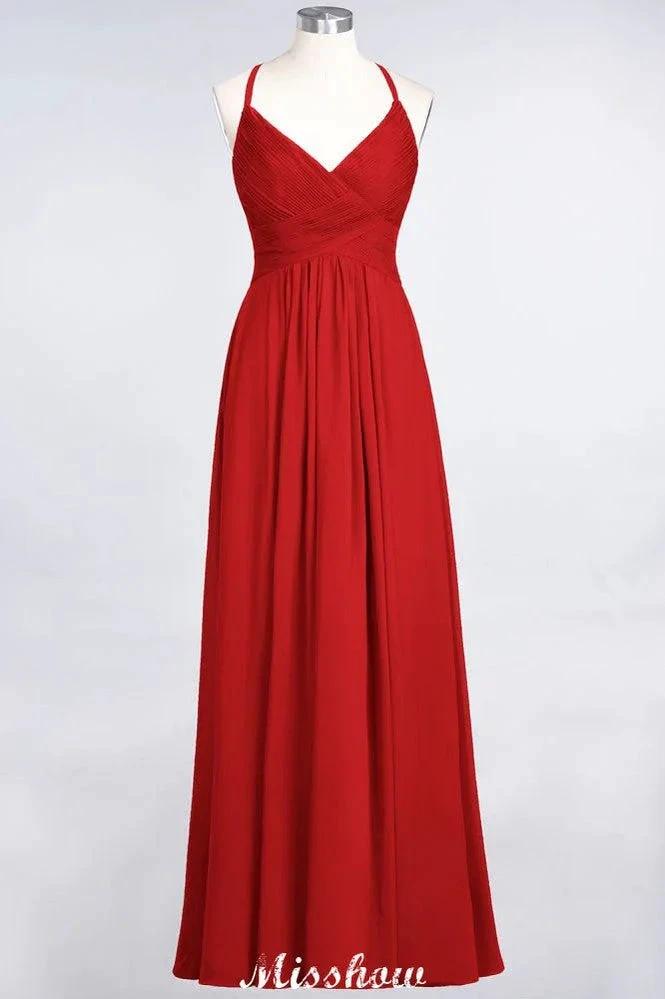 Spaghetti-Straps V-Neck Sleeveless Floor-Length Bridesmaid Dress by misshow.com
