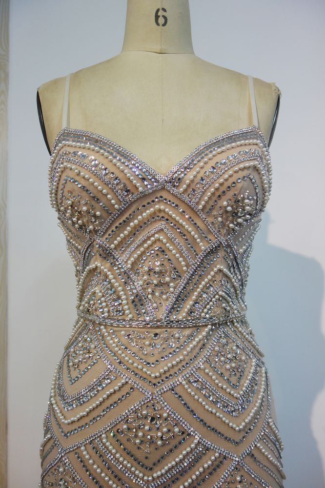 Spaghetti Sweetheart Mermaid Long Sequined Beading Prom Dresses with Pearls and Crystals - View 3 | VelvetHem