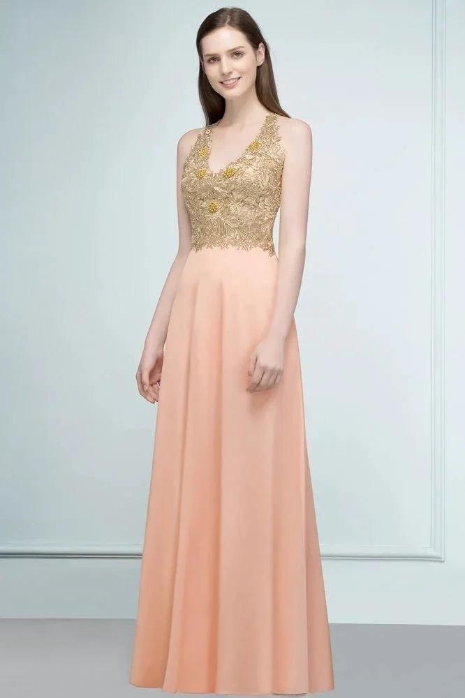 Spaghetti V-neck A-line Floor Length Appliqued Chiffon Bridesmaid Dresses (ZD13131)