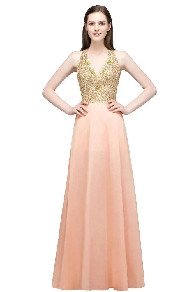 Spaghetti V-neck A-line Floor Length Appliqued Chiffon Bridesmaid Dresses (ZD13131)