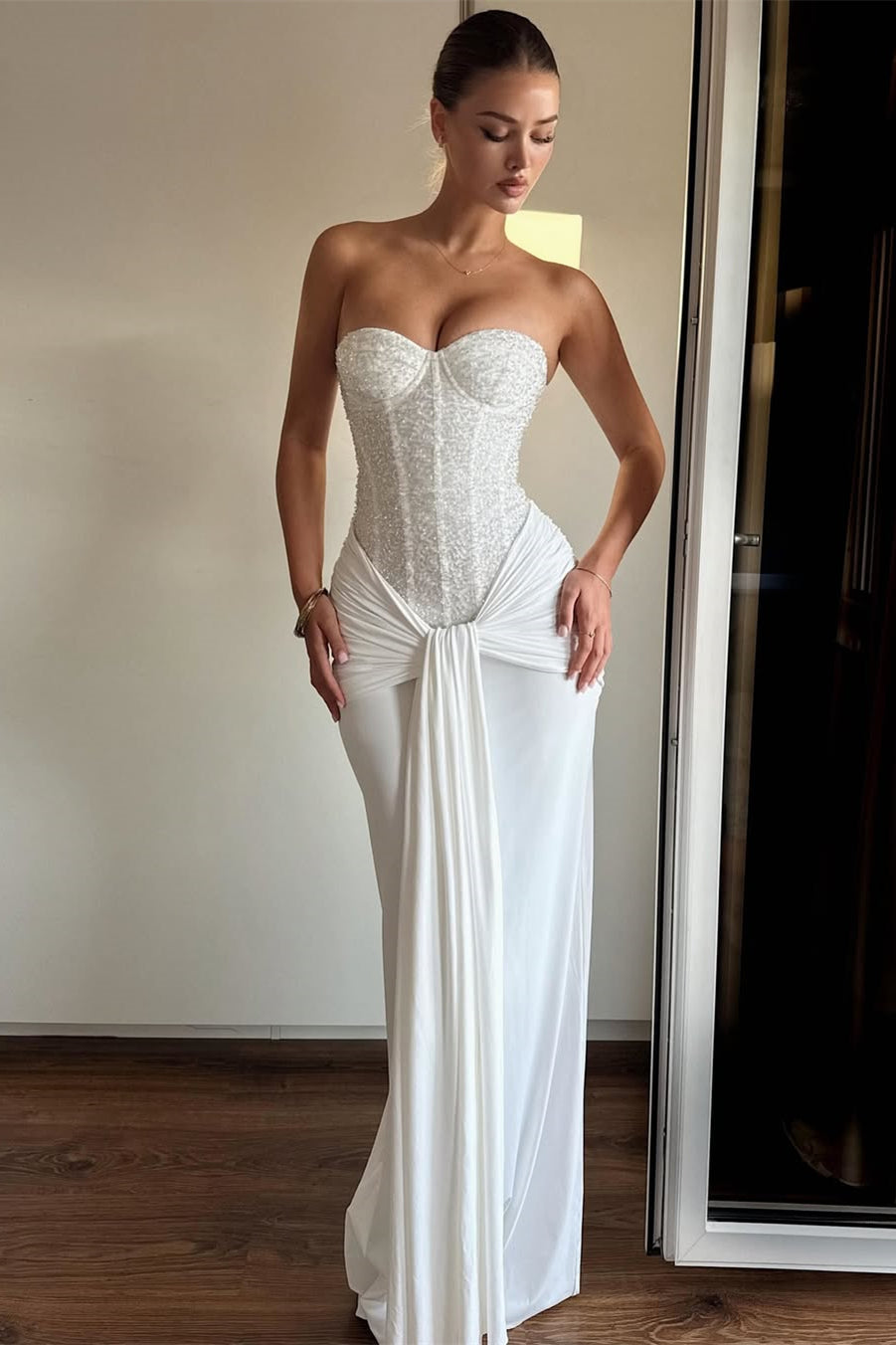 Sparking White Sweetheart Strapless Sleeveless Prom Dress Mermaid Beads Pleats With Zipper