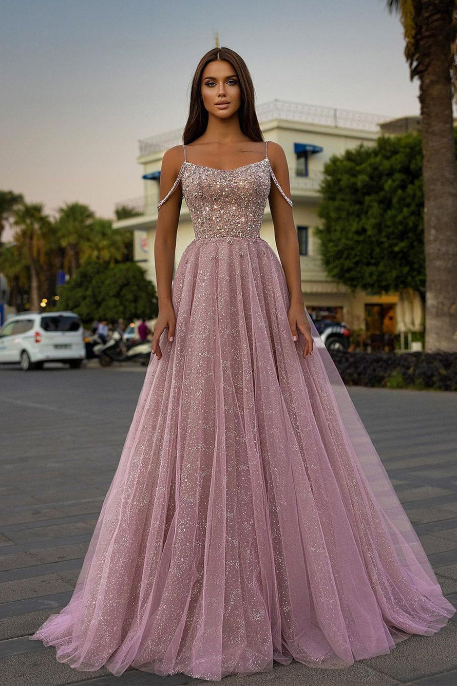 Sparkle Beaded Spaghetti straps A-Line Pink Princess Prom Dress