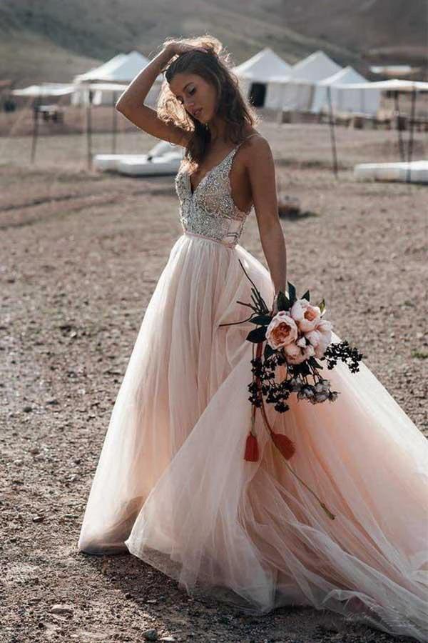 Sparkle Beading A-line V-neck Wedding Dresses Backless Bridal Gowns (ZD16368)