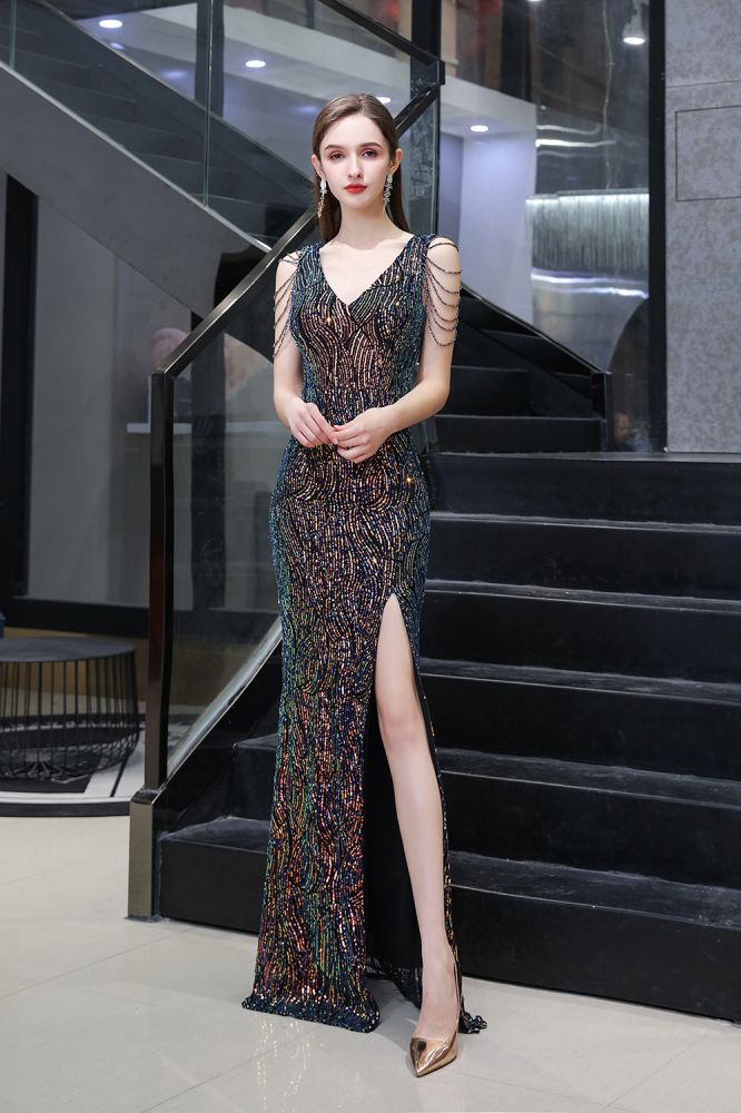 Sparkle V-Neck High split Sleeveless Black Evening Dress