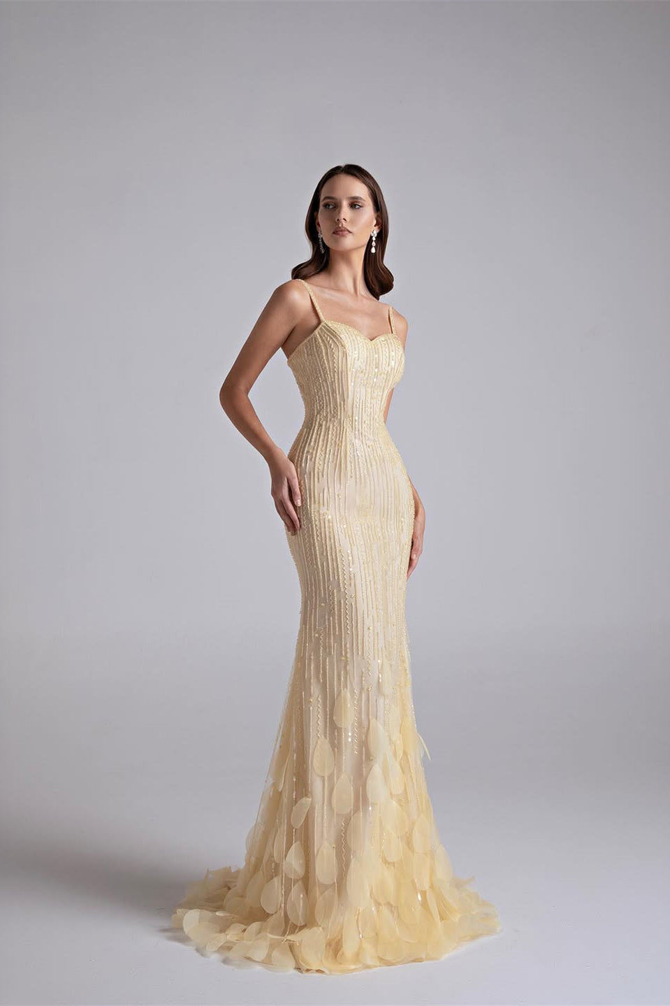 Sparkling Daffodil Spaghetti-Strap Sleeveless Prom Dress Mermaid Beading With Zipper
